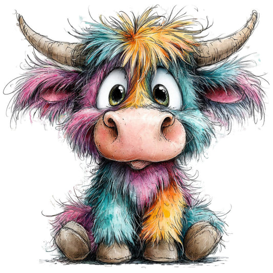 multicolor, rainbow, turquoise, teal, pink, magenta, orange, yellow, golden, purple, black, whimsical, cute, animals, highland cattle, yak, bull, illustration, watercolor, artistic, playful, colorful, fantasy, children's, nursery, friendly, quirky, modern, vibrant, fun