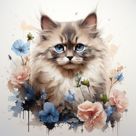 Watercolor Cats with Flowers Fabric Panel 14 featuring a detailed fluffy cat with blue eyes surrounded by soft blue and peach flowers.