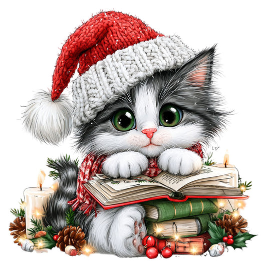 cat, kitten, holiday, christmas, festive, red and white, green, black and white, cute animals, whimsical, seasonal, winter, books, reading, literary, cozy, snow, santa hat, evergreen, pinecones, berries, candles, lights, elegant, charming, magical, storybook, gift-giving, december, yuletide