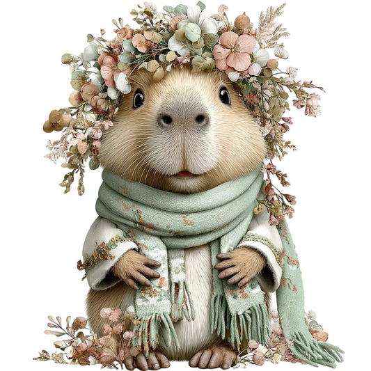 guinea pig, woodland animals, floral crown, dried flowers, pastel colors, sage green, dusty rose, cream, soft botanical, whimsical creatures, nature-inspired, spring, adorable animals, cozy sweater style, rustic charm, cottage core, vintage florals, gentle aesthetics, children's illustration, storybook, garden theme, soft earth tones, baby quilt, wall hanging, nursery decor, enchanted forest, sweet animals, botanical elements, muted palette