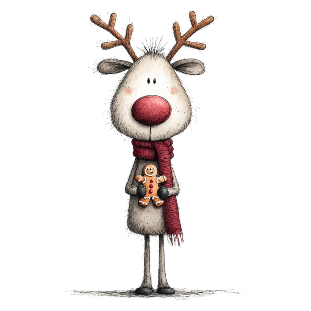 reindeer, rudolph, red nose, christmas, holiday, winter, festive, whimsical, cute, charming, gingerbread man, red scarf, burgundy, cream, white, tan, brown, animals, children's, cheerful, playful, traditional, vintage, decorative, seasonal, christmas characters, folk art style, hand drawn, illustration, gift wrap inspired