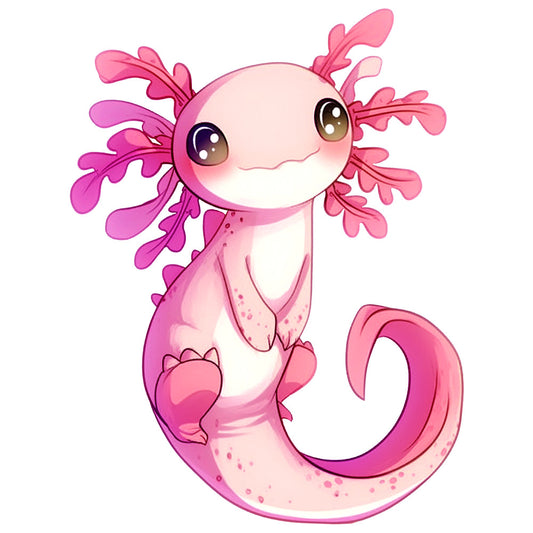 pink, coral, white, cartoon axolotl, cute salamander, kawaii style, adorable character, aquatic animal, external gills, amphibian, fabric panel, quilting cotton, children's design, nursery theme, pastel colors, whimsical illustration, soft pink tones, spotted pattern, anime inspired, craft project