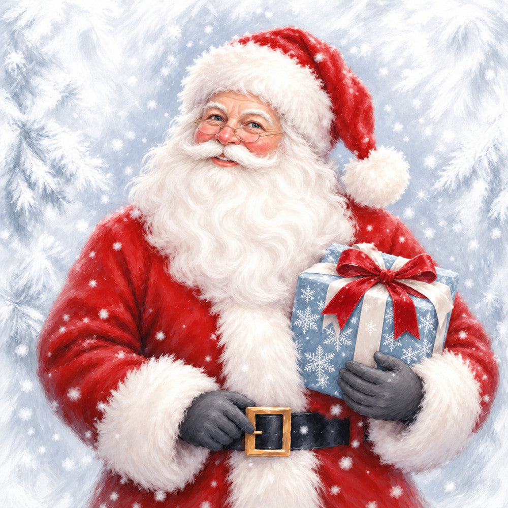 santa, christmas, holiday, red and white, cream white, snow white, winter, festive, jolly, portrait, character, bearded, traditional, nostalgic, vintage, whimsical, cheerful, gift box, present, snowy background, evergreen trees, seasonal, winter scene, golden buckle, black belt, red suit, rosy cheeks, glasses, north pole, children's theme