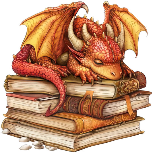 Dragon Sleeping on Books Fabric Panel 3 featuring a detailed red dragon resting on an ornate stack of vintage books.