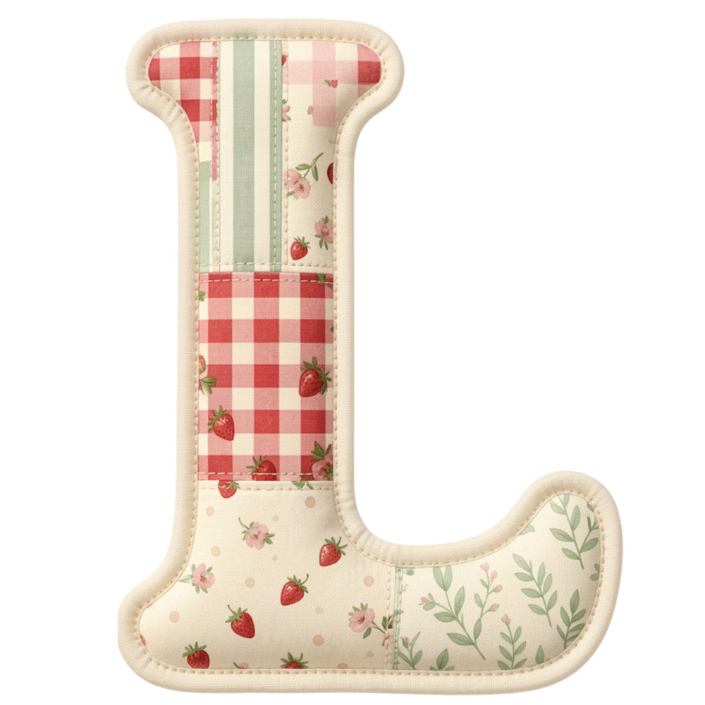 cream, red, coral pink, sage green, strawberry, gingham, plaid, floral, striped, farmhouse, vintage, rustic, spring, summer, strawberries, roses, flowers, leaves, botanical, cottage core, country, traditional, sweet, whimsical, letter quilt, alphabet, kitchen, table runner, home decor