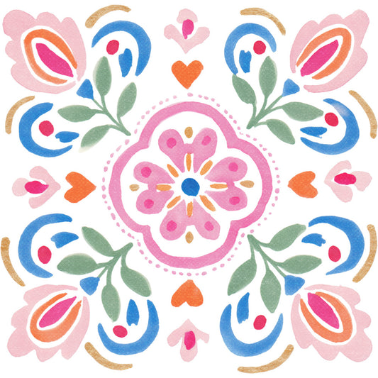 hot pink, coral pink, dusty pink, cobalt blue, forest green, golden tan, orange, heart motifs, floral, geometric, symmetrical, mandala, medallion, bohemian, whimsical, folk art, traditional, spring, summer, nature-inspired, ornamental, decorative, vibrant, colorful, botanical, leaves, flower petals, scalloped edges, zentangle, artistic