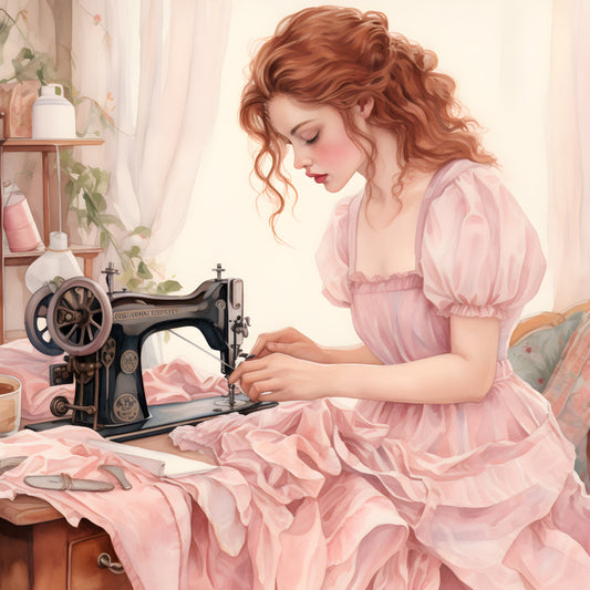 blush pink, dusty rose, coral pink, cream, vintage, sewing, seamstress, woman, retro, nostalgic, romantic, elegant, cottage core, aesthetic, sewing machine, antique sewing machine, fashionable lady, thread, scissors, crafting, heirloom, traditional, feminine, delicate, spring, pastel, soft colors, home décor, wall hanging