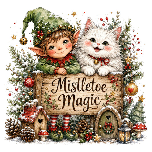 mistletoe magic, christmas, holiday, whimsical, elf, cat, kitten, white cat, festive, vintage, nostalgic, forest green, red, gold, cream, rustic, magical, fantasy, winter, snow, evergreen, pine branches, ornaments, bells, stars, hearts, gingerbread house, mushrooms, pinecones, berries