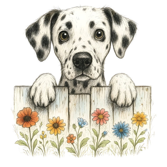 dog, dalmatian, spotted dog, white dog, black and white, cream, orange, yellow, coral pink, blue, floral, flowers, daisies, gerberas, wooden fence, farmhouse, whimsical, cute, playful, garden, nature, spring, summer, animals, pet, dog lover, country, rustic, adorable, cheerful