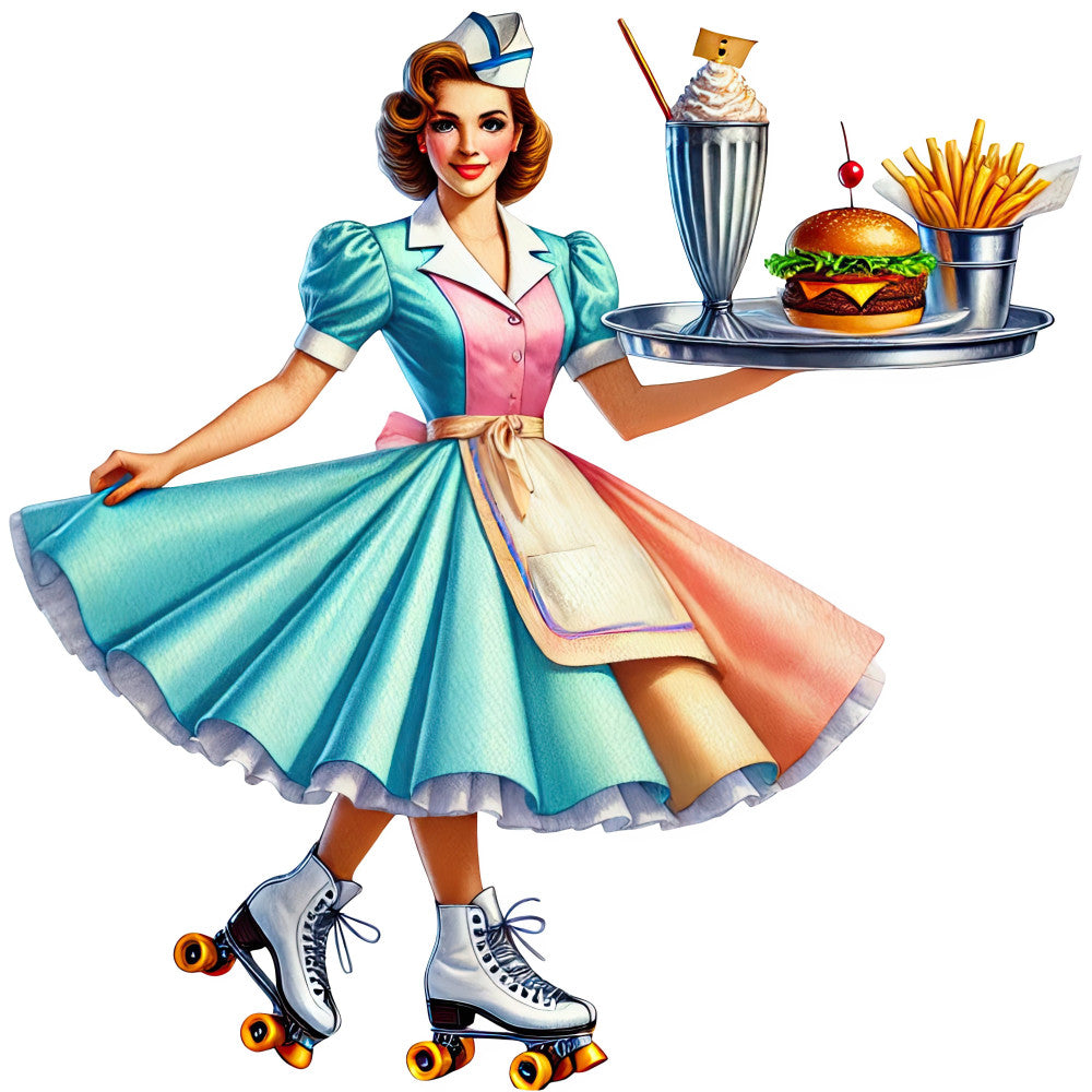 retro waitress, 1950s diner, vintage pin-up, roller skate, milkshake, hamburger and fries, turquoise blue, coral pink, cream, gold accents, novelty print, whimsical, retro style, mid-century modern, nostalgic, american diner, fast food theme, cute character, food motifs, cherry, ice cream, french fries, leisure wear, playful, kitsch, kitschy fun, retro fashion, vintage clothing, diner waitress, collectible print