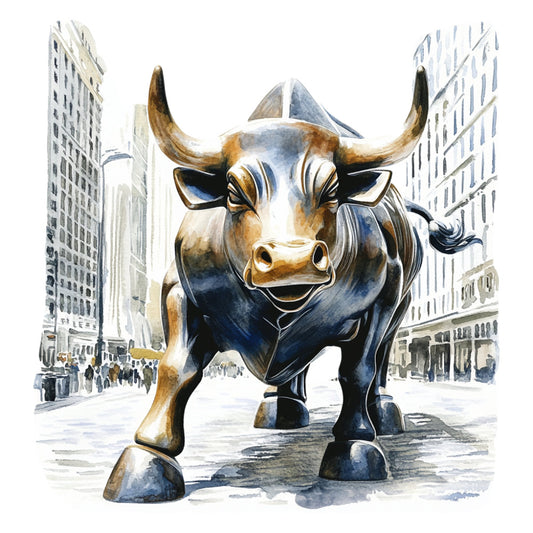 bull, charging bull, taurus, bronze bull, gold accents, navy blue, cream white, urban landscape, city street, financial district, wall street, stock market, strength, power, bold, modern, contemporary, animal motif, metallic, bronze and gold, intimidating, dramatic, masculine, investment themed, business art, sculpture style, architectural background, tall buildings, downtown scene