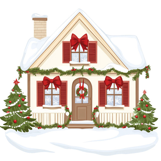christmas, holiday, winter, snow, cottage, house, festive, red bow, green tree, cream, red, forest green, cream white, traditional, whimsical, rustic, gingerbread house, garland, wreath, ornaments, chimney, shutters, door, porch, seasonal, home decor, festive decoration, vintage christmas, country style, cozy