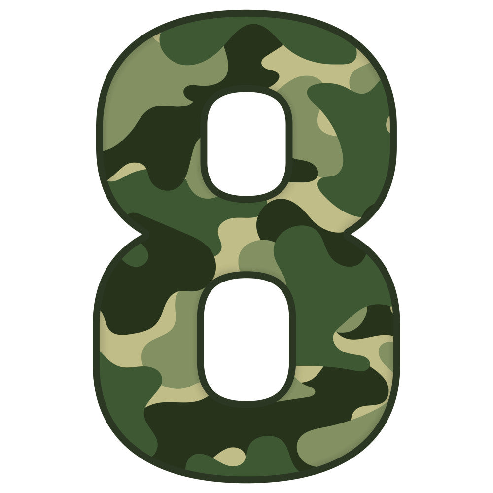 camouflage, camo pattern, military green, forest green, sage green, olive green, khaki, tan, abstract, geometric, modern, masculine, army, tactical, nature-inspired, outdoor, hunting, woodland, rustic, contemporary, bold, structured, number eight, numeral, typography, kids, playful, nursery