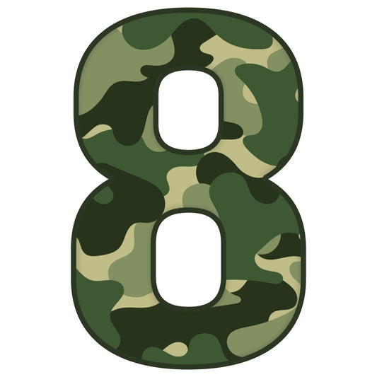 camouflage, camo pattern, military green, forest green, sage green, olive green, khaki, tan, abstract, geometric, modern, masculine, army, tactical, nature-inspired, outdoor, hunting, woodland, rustic, contemporary, bold, structured, number eight, numeral, typography, kids, playful, nursery