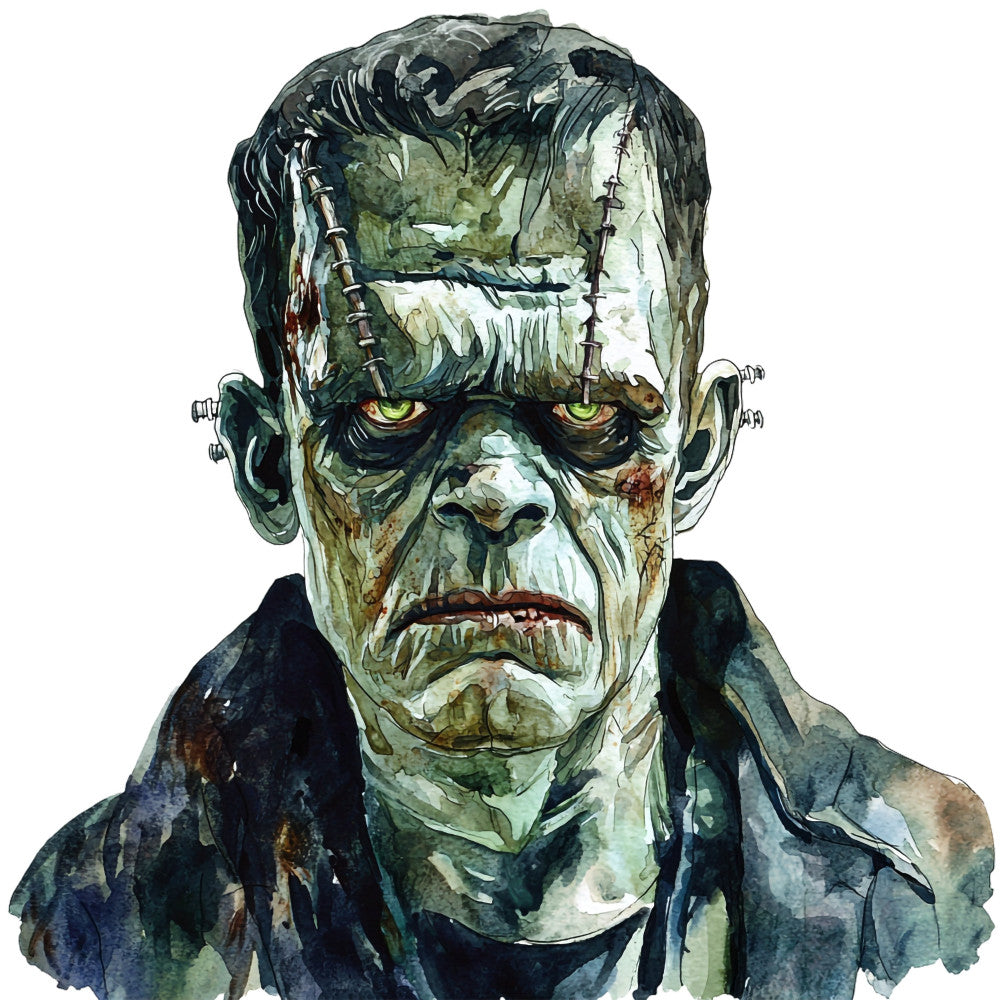 monster face, frankenstein, halloween, spooky, horror, gothic, creature, pale green, olive green, dark green, black, cream white, textured, portrait, character, scary, undead, theatrical, costume, vintage horror, classic monster, stitched details, eerie, dark theme, wall hanging, novelty print, universal monsters, retro horror