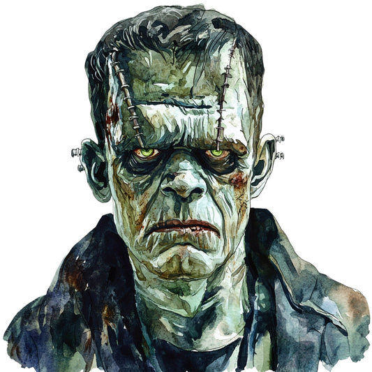 monster face, frankenstein, halloween, spooky, horror, gothic, creature, pale green, olive green, dark green, black, cream white, textured, portrait, character, scary, undead, theatrical, costume, vintage horror, classic monster, stitched details, eerie, dark theme, wall hanging, novelty print, universal monsters, retro horror