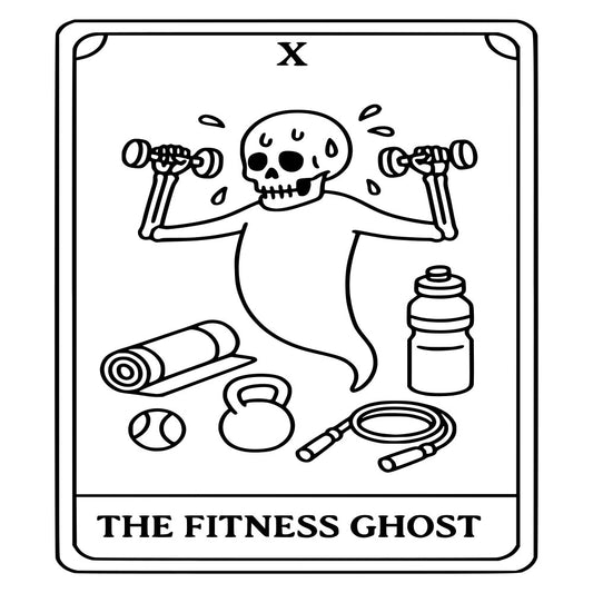 skeleton, halloween, fitness, ghost, humorous, whimsical, tarot card, novelty, black and white, workout, exercise, gym, dumbbells, kettlebell, jump rope, sports, funny, quirky, alternative, gothic, edgy, modern, contemporary, occult, astrology, motivational, retro, vintage-inspired, illustration style, line drawing