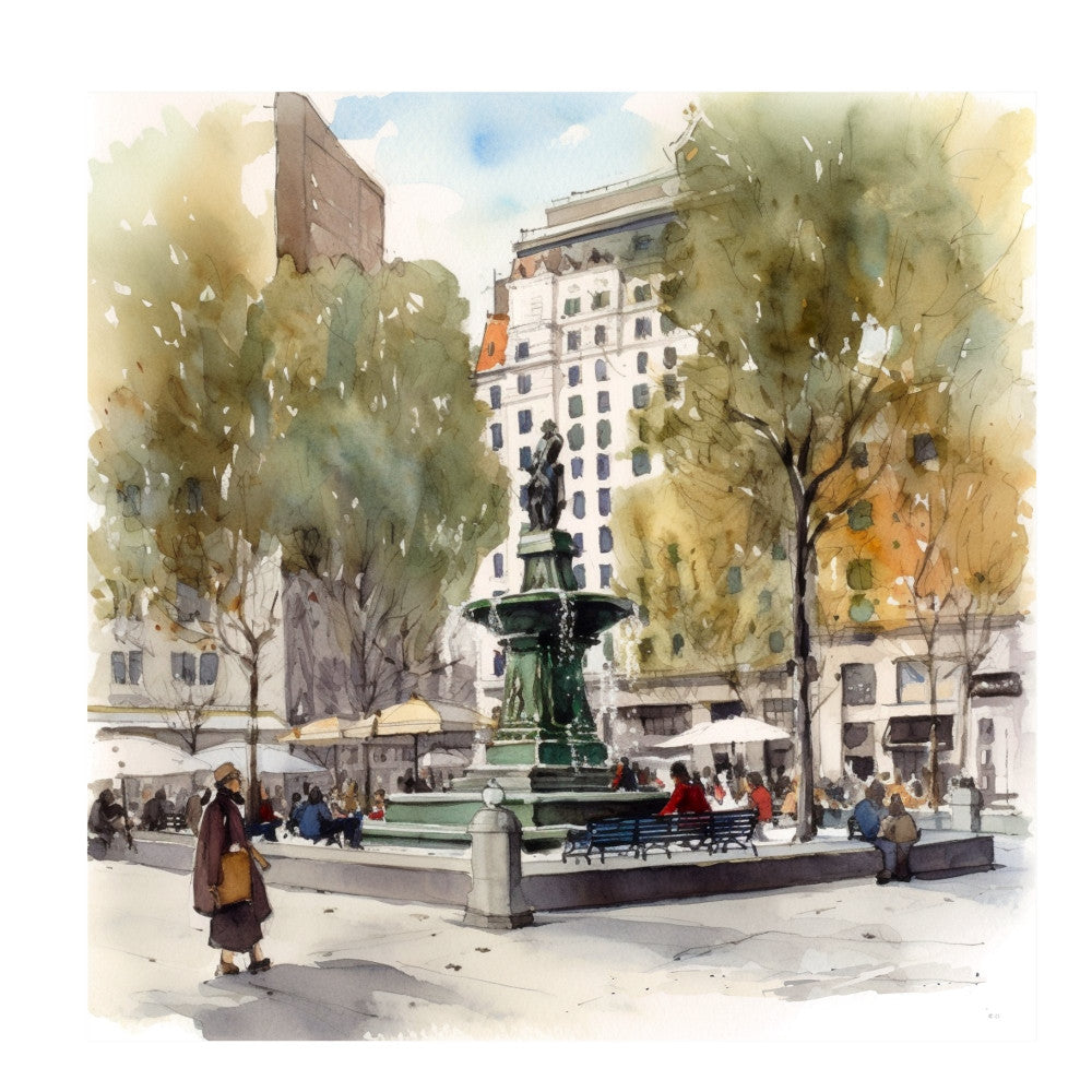 watercolor, cityscape, urban landscape, architectural, park scene, fountain, statue, plaza, trees, spring, elegant, vintage, botanical, sage green, soft blue, cream, golden yellow, ochre, brown, taupe, gray, muted tones, impressionist, peaceful, scenic, public square, building, landscape art, nature inspired, relaxing