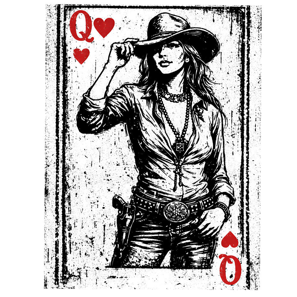 western woman, cowgirl, queen of hearts, playing card, red hearts, black ink, white background, distressed texture, vintage style, woodcut illustration, cowboy hat, gun holster, denim jeans, western belt, fabric panel, quilting cotton, rodeo theme, ranch style, southwestern design, cotton fabric