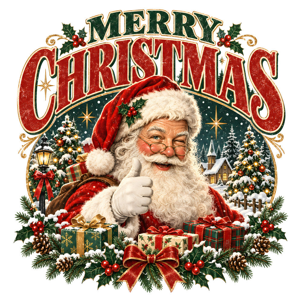 merry christmas, santa, holiday, christmas, red, cream, forest green, gold, vintage, traditional, whimsical, nostalgic, santa claus, gifts, presents, snow, winter scene, evergreen trees, pine trees, holly berries, pinecones, church, snowy landscape, stars, lantern, plaid ribbon, bow, festive, seasonal, christmas panel