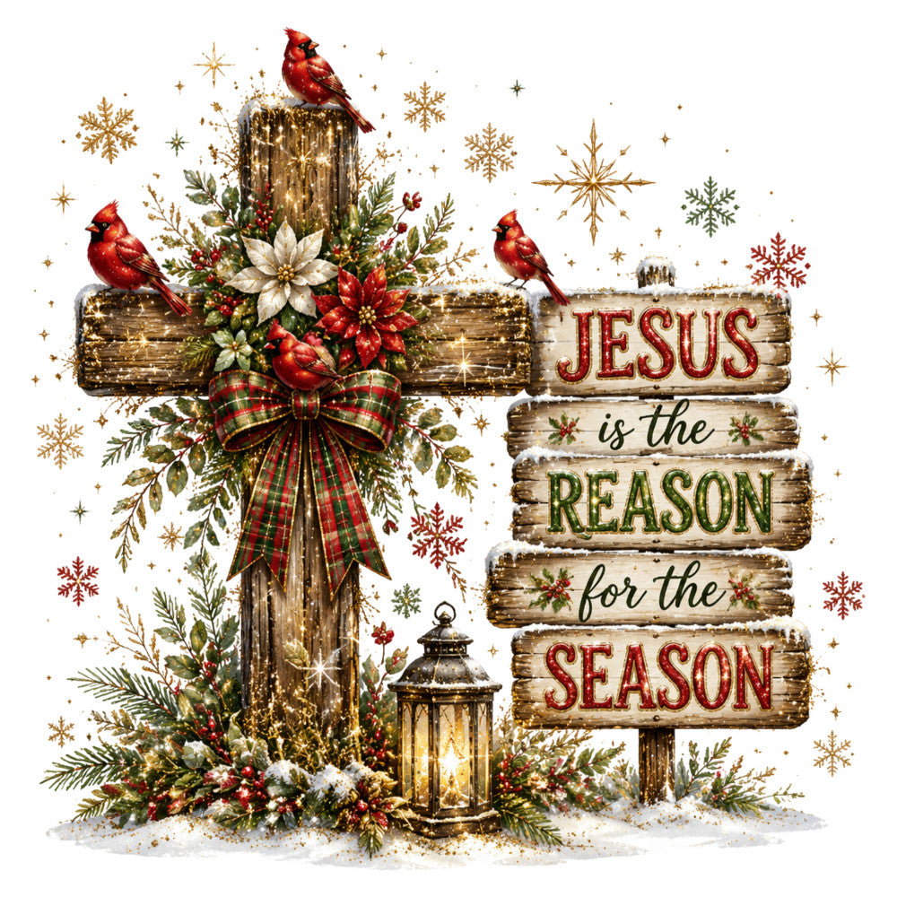 jesus is the reason for the season, religious christmas, cardinal birds, wooden cross, plaid bow, gold snowflakes, poinsettia flowers, white poinsettia, christmas spiritual, rustic farmhouse, traditional holiday, elegant christmas, forest green, burgundy red, gold accents, winter florals, lantern, festive religious, christmas faith, nativity inspired, rustic wood, holiday religious, winter birds, red cardinals, celestial stars, wall hanging, faith-based christmas