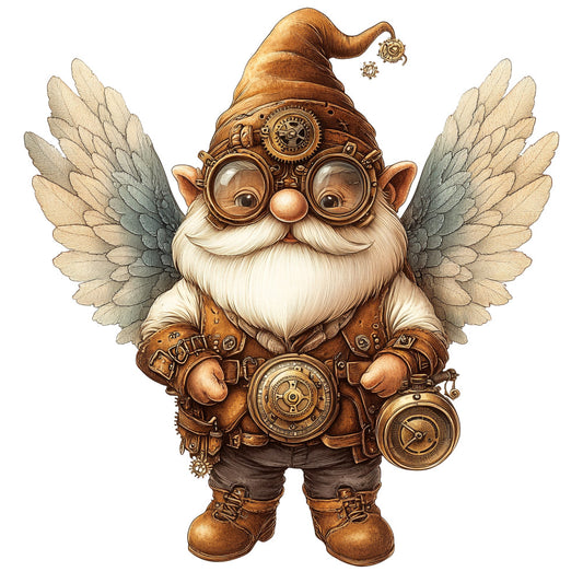 steampunk gnome, winged gnome, brown tones, copper colors, bronze shades, cream wings, white beard, pointed hat, goggles, gears, clockwork elements, mechanical details, fantasy character, whimsical design, fabric panel, quilting cotton, mystical creature, vintage aesthetic, earth tones, intricate artwork
