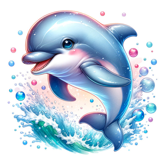 watercolor dolphin, cute marine animal, blue tones, aqua colors, pink accents, purple hues, ocean waves, water bubbles, splash effects, whimsical art style, sea creature, fabric panel, quilting cotton, nautical theme, underwater scene, playful design, soft pastels, children's fabric, ocean life, swimming dolphin