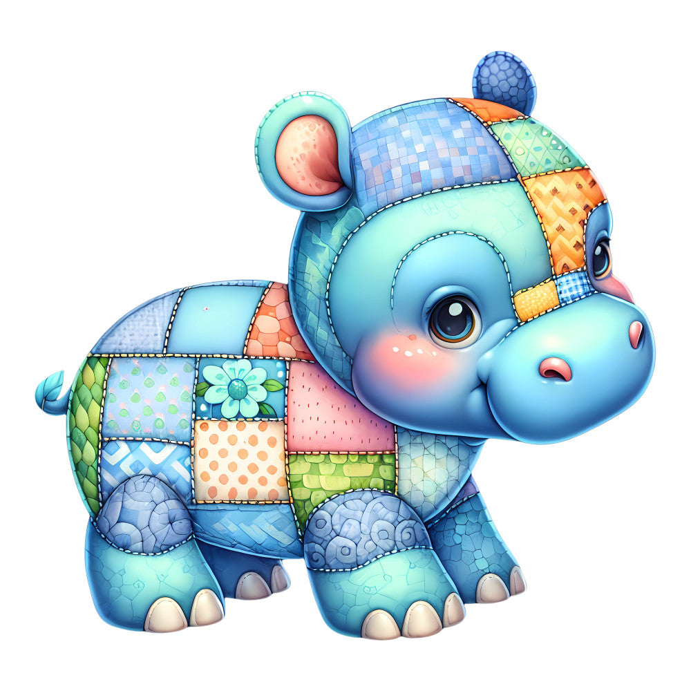 baby animal, hippopotamus, hippo, patchwork, quilted, multi-colored, sky blue, turquoise, coral pink, sage green, yellow, orange, geometric patterns, floral motifs, checkered, polka dots, whimsical, playful, cute, children's, nursery, baby quilt, appliqué, textured, soft colors, pastel, animal theme, cheerful, fun, children's bedding