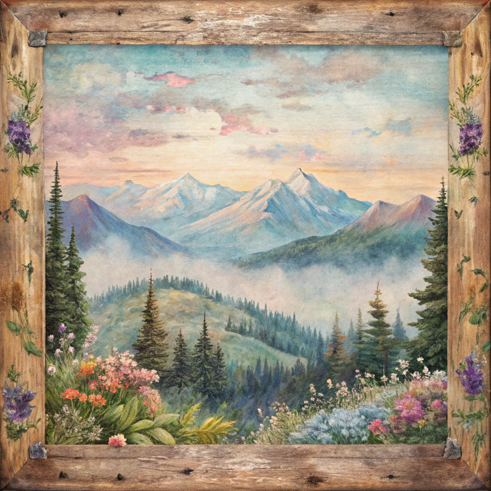 mountain landscape, fabric panel, rustic wood frame, evergreen trees, snow-capped peaks, wildflowers, pink blooms, purple flowers, misty valleys, nature scene, quilting cotton, outdoor wilderness, alpine scenery, forest green, soft pastels, watercolor style, scenic vista, hiking trail flowers, mountain meadow, peaceful landscape