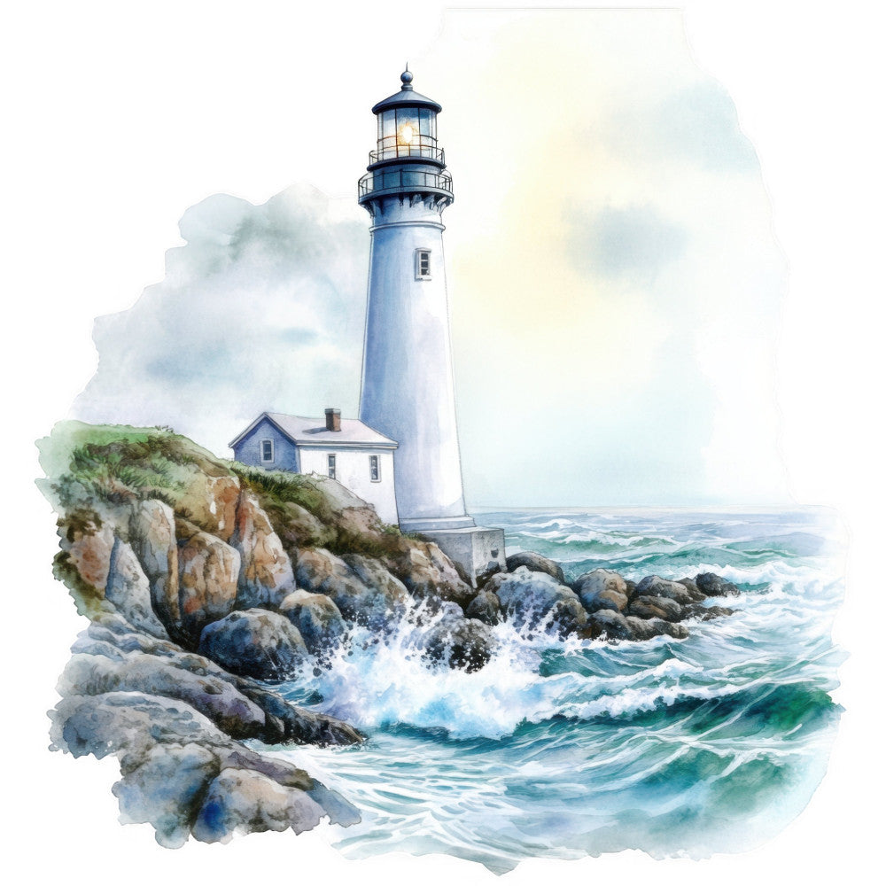 lighthouse, coastal, nautical, ocean waves, seascape, rocky shore, white lighthouse, blue and white, cream, soft blue, seafoam green, teal, gray, watercolor, scenic, beach house, maritime, seaside cottage, traditional, elegant, peaceful, nature scene, water, rocks, coastal home decor, ocean, scenic panel, vintage coastal, tranquil, impressionistic