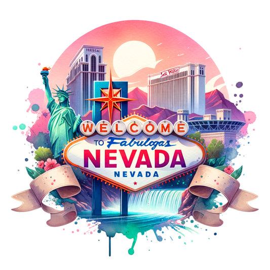 US States Retro Travel Fabric Panel 5 featuring vibrant Nevada landmarks with premium quilting cotton print made in the USA