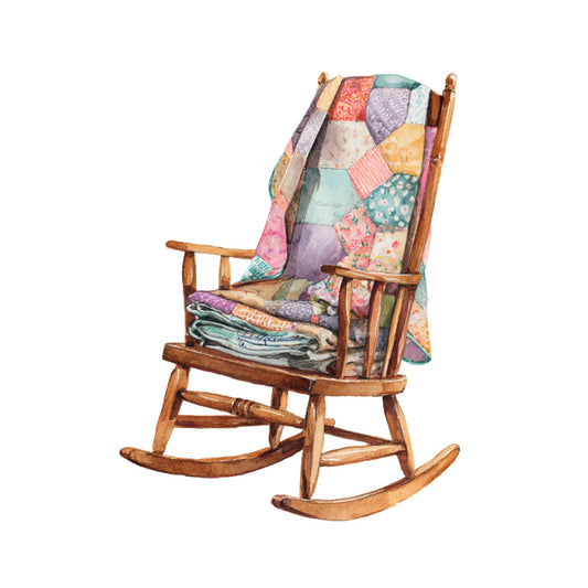 patchwork, quilt squares, multicolor, pastel colors, lavender, dusty purple, soft pink, coral, cream, sage green, teal, yellow, floral prints, vintage floral, gingham, calico, mixed prints, cottage core, farmhouse, traditional, whimsical, rocking chair, cozy, nostalgic, scrappy quilt, patchwork squares, blanket, throw quilt, wall hanging, heirloom style