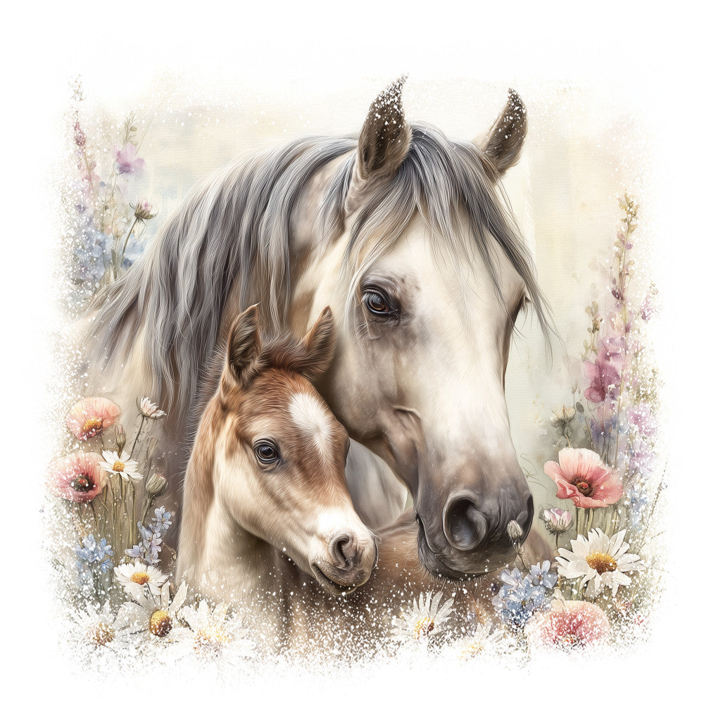 horse, foal, mare, colt, wildflowers, meadow flowers, poppies, daisies, lavender, soft pastels, pink flowers, blue flowers, white flowers, cream background, watercolor style, dreamy artwork, mother and baby, tender moment, fabric panel, quilting cotton, floral border, spring theme, gentle mood, realistic illustration