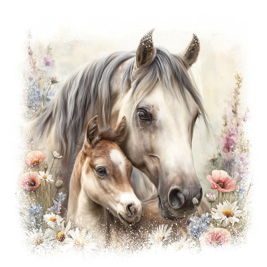 horse, foal, mare, colt, wildflowers, meadow flowers, poppies, daisies, lavender, soft pastels, pink flowers, blue flowers, white flowers, cream background, watercolor style, dreamy artwork, mother and baby, tender moment, fabric panel, quilting cotton, floral border, spring theme, gentle mood, realistic illustration