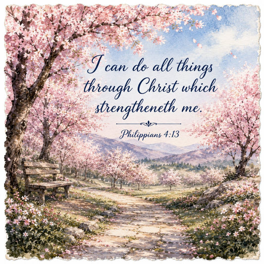 cherry blossom, spring, pink, blush pink, dusty rose, soft pink, blue sky, landscape, nature, scenic, inspirational quote, scripture, religious, faith, peaceful, serene, mountain valley, trees, floral, botanical, elegant, traditional, vintage, romantic, garden scene, pathway, bench, watercolor style, soft colors, pastel palette