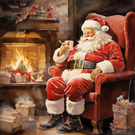 santa claus, christmas scene, red suit, white beard, fireplace, armchair, gift boxes, warm flames, cozy interior, holiday decorations, fabric panel, quilting cotton, festive imagery, winter scene, crimson red, golden yellow, warm browns, seated santa, milk glass, christmas morning, holiday crafting