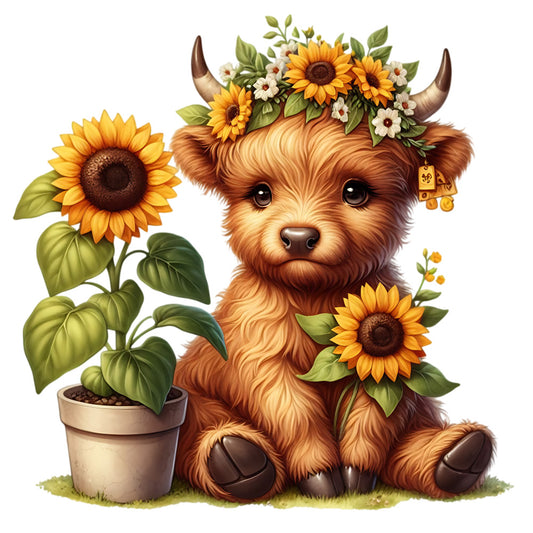 Sunflower Highland Cows Fabric Panel 26 featuring a cute highland cow with sunflowers in a floral crown and pot, premium quilting cotton design.