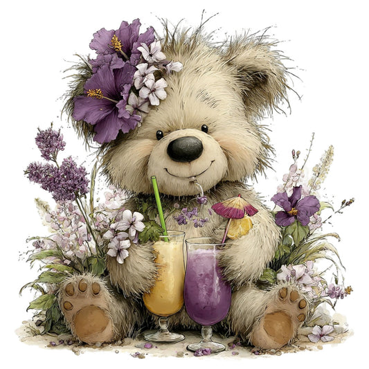fluffy bear, teddy bear, cute animals, purple flowers, white flowers, lavender, lilac, cream colored, beige, soft pastels, whimsical, children's design, baby friendly, floral arrangement, nature themed, spring, summer, beverage illustration, cocktails, drinks, playful, charming, sweet, kids fabric, nursery, storybook style, illustrated animals, garden flowers, decorative florals