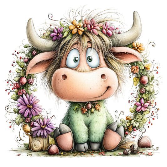 whimsical cow, cute bull, farmhouse animal, purple flowers, pink flowers, yellow flowers, orange flowers, flower crown, highland cattle, green pasture, spring flowers, nature theme, woodland, pastoral, rustic farmhouse, bohemian style, children's illustration, baby animal, floral wreath, sage green, dusty rose, cream colored horns, playful character, cottage core, garden theme, animal lover, nursery decor, folk art style, colorful florals, sweet illustration