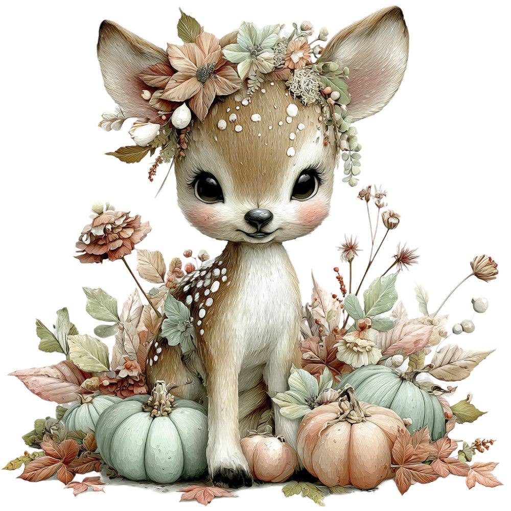 cream deer, woodland animal, floral crown, autumn harvest, pumpkins, gourds, sage green, dusty rose, peach, ivory, tan, beige, whimsical, rustic, vintage, forest theme, flowers, leaves, baby nursery, wall art, decorative panel, boho style, nature inspired, seasonal, fall decor, gentle, soft aesthetic, botanical, cottage core