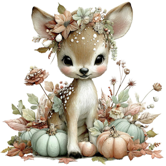 cream deer, woodland animal, floral crown, autumn harvest, pumpkins, gourds, sage green, dusty rose, peach, ivory, tan, beige, whimsical, rustic, vintage, forest theme, flowers, leaves, baby nursery, wall art, decorative panel, boho style, nature inspired, seasonal, fall decor, gentle, soft aesthetic, botanical, cottage core