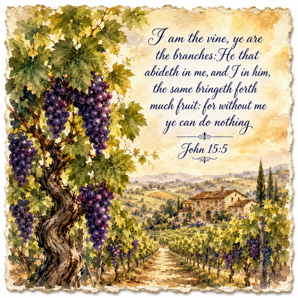 purple grapes, vineyard, wine country, tuscany, italian landscape, scripture verse, john 15:5, religious, spiritual, faith-based, grapevines, grape leaves, sage green, deep purple, cream, tan, beige, landscape, vintage, rustic, elegant, traditional, countryside, rolling hills, villa, cypress trees, nature, botanical, harvest, autumn