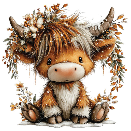 highland cow, christmas, winter, brown, orange, cream, white, floral crown, horns, furry texture, cute animal, festive, seasonal, fabric panel, quilting cotton, watercolor style, botanical elements, snow, whimsical, adorable calf