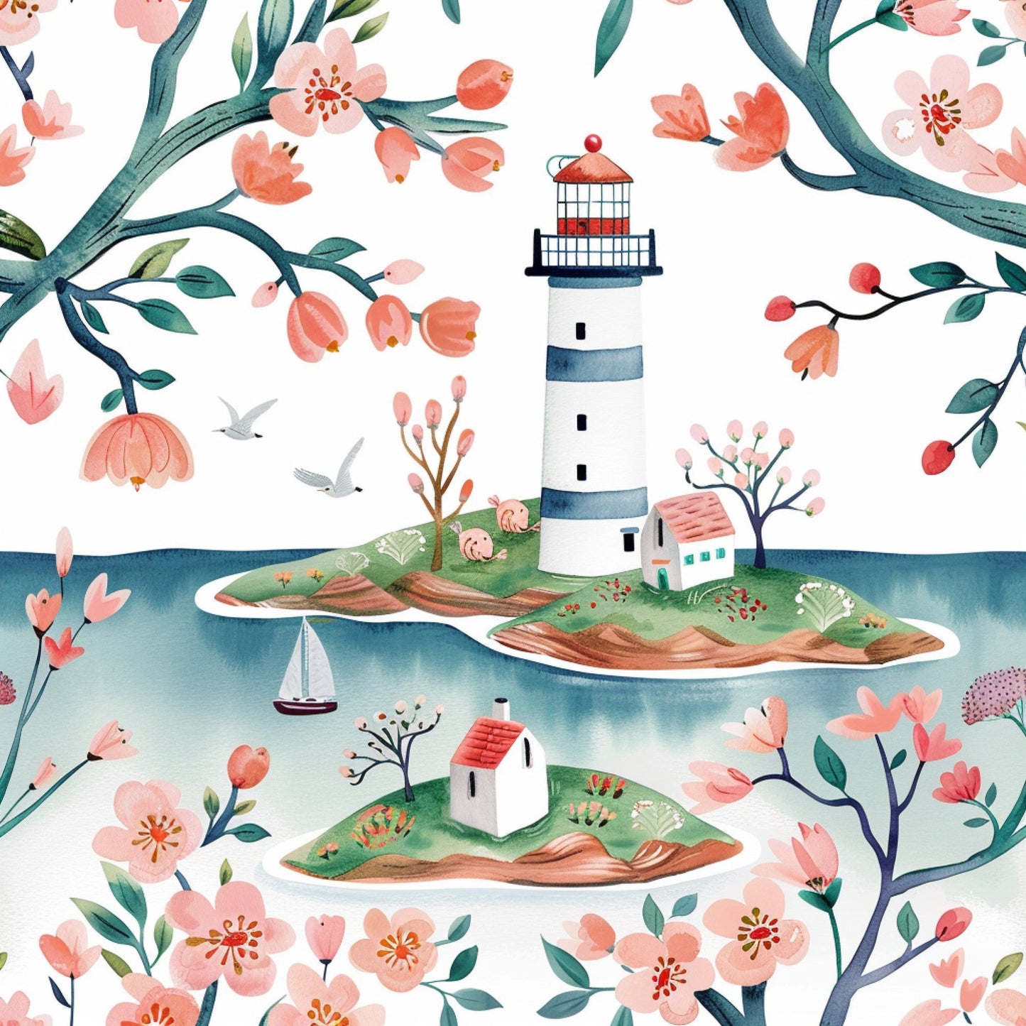 Springtime Lighthouse Scene Pattern 16 Quilting Cotton Fabric
