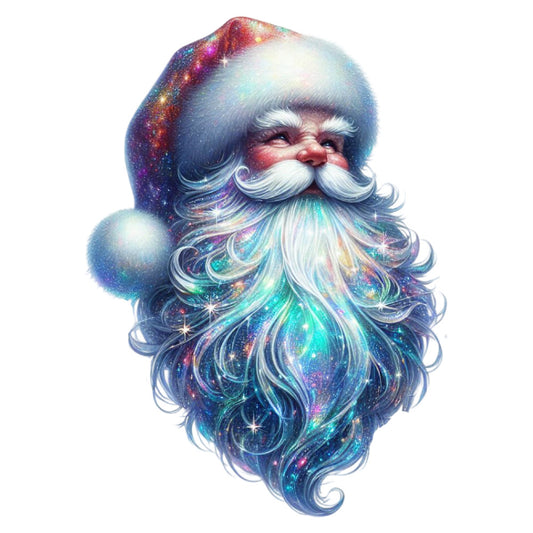 celestial, galaxy, cosmic, santa, father christmas, holiday, christmas, magical, whimsical, iridescent, sparkle, stars, starry, deep blue, navy blue, turquoise, cyan, purple, magenta, aurora borealis, shimmering, festive, winter, elegant, mystical, fantasy, portrait, bearded man, jolly, night sky