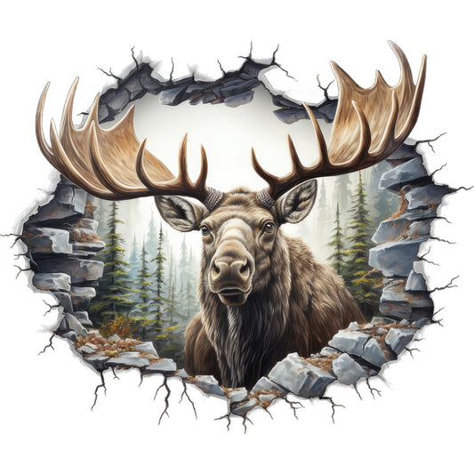 moose, antlers, breaking through, cracked wall, brown, tan, beige, gray, evergreen trees, forest scene, wildlife, realistic art, nature, outdoors, fabric panel, quilting cotton, woodland, pine trees, rocky terrain, 3d effect