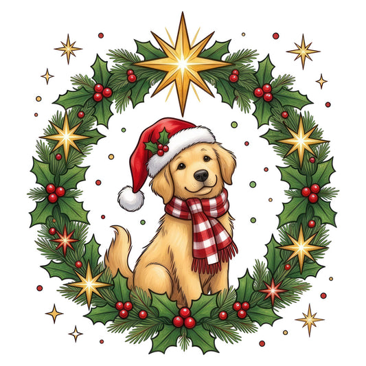 golden star, forest green, red, cream, christmas, holiday, dog, golden retriever, santa hat, festive, plaid scarf, holly, berries, winter, seasonal, whimsical, cute, animals, pet-themed, stars, evergreen, wreath, traditional, cheerful, family-friendly, children's, pet lover, december, merry, joyful