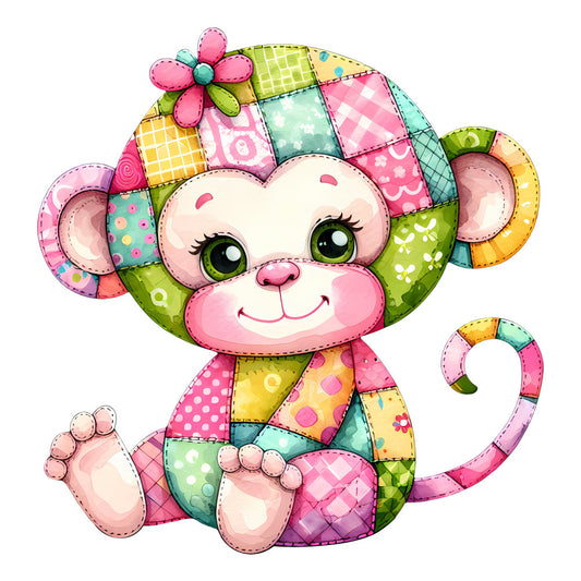 hot pink, coral pink, mint green, lime green, yellow, turquoise, lavender, patchwork, polka dots, gingham, floral, quilted, cute monkey, whimsical, playful, animal, baby, children's, nursery, flower accent, smiling face, colorful, multi-color, modern, folk art, spring, summer, baby quilt, wall hanging, appliqué