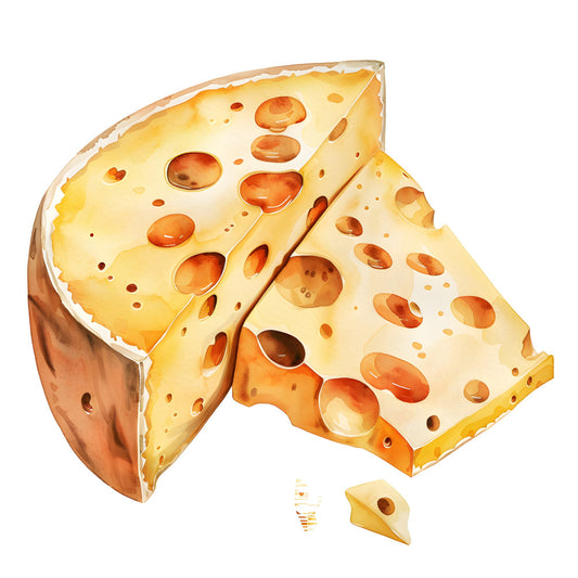 cheese, food, novelty, cream, golden yellow, butter yellow, orange, tan, brown, holes, swiss cheese, cheddar, whimsical, fun, playful, kitchen, food themed, culinary, farmhouse, rustic, humorous, quirky, children's, food motifs, cheese wedges, realistic, detailed illustration, gourmet, deli, casual style