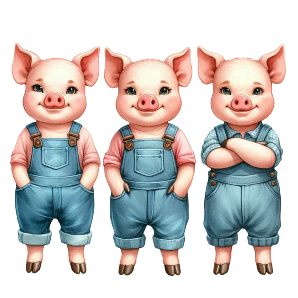 cute pigs, pig characters, farm animals, overalls, denim blue, coral pink, cream, farmhouse style, whimsical, children's fabric, baby fabric, anthropomorphic animals, country style, rural theme, vintage inspired, playful design, character panel, animal characters, rustic charm, pastoral, sweet design, cheerful, adorable, kid-friendly, nursery fabric, storybook style, folk art inspired, countryside, charming characters
